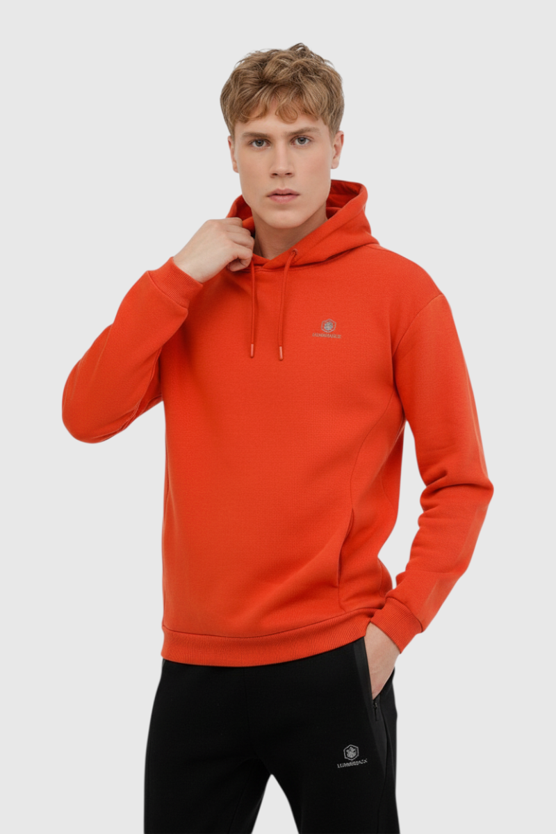 Sporline Lumberjack erkek turuncu kapüşonlu sweatshirt, regular kesim, %100 tekstil kumaş, günlük spor giyim.
