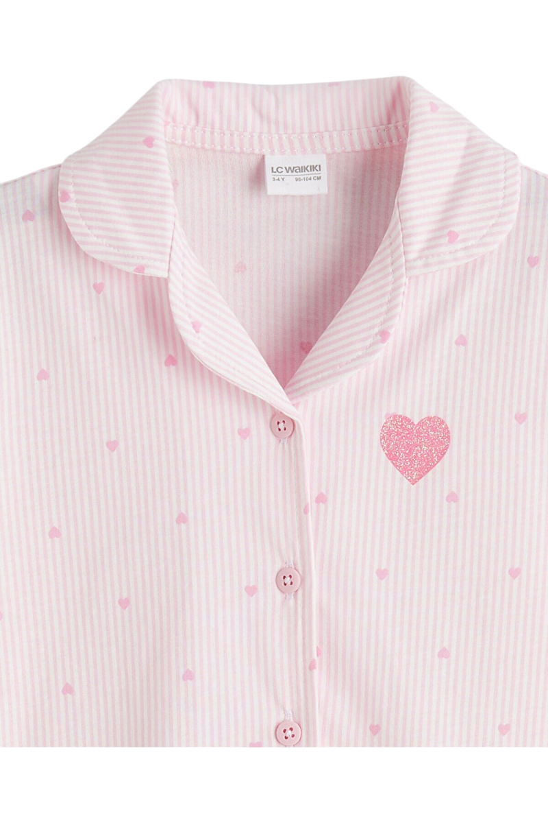 Sporline LC Waikiki pembe çizgili ve kalp desenli gömlek yakalı kız çocuk pijama üstü