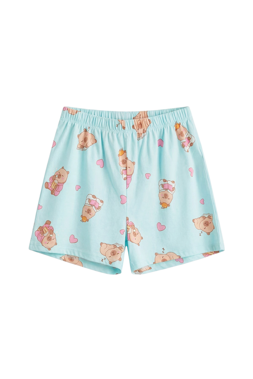 Sporline LC Waikiki kız çocukları için ayıcık desenli, açık mavi pamuklu şortlu pijama altı