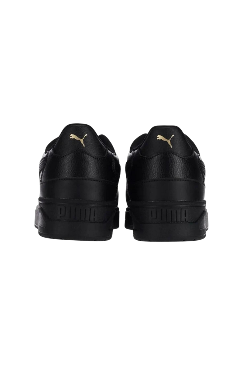 Sporline Puma Shuffle Downtown siyah unisex spor ayakkabı, topuk kısmında altın rengi Puma logosu ile arka görünüm