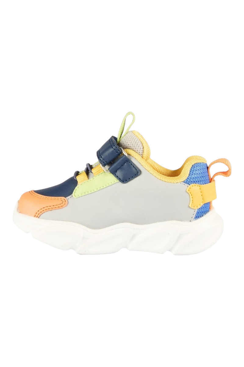 Sporline Vicco gri suni deri çocuk sneaker, çok renkli detaylara ve cırt cırtlı tasarıma sahip spor ayakkabı.