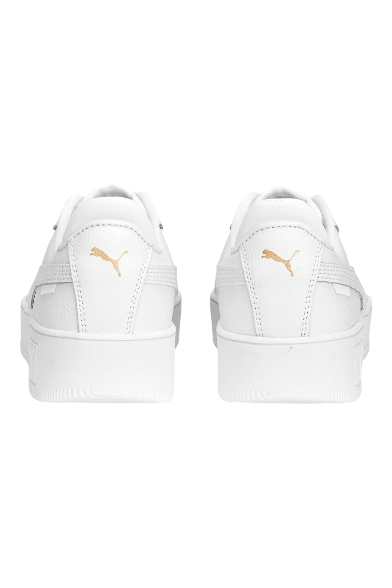 Sporline Puma Carina Street beyaz PU kadın sneaker, topuk kısmında altın rengi Puma logosu detaylı arka görünüm