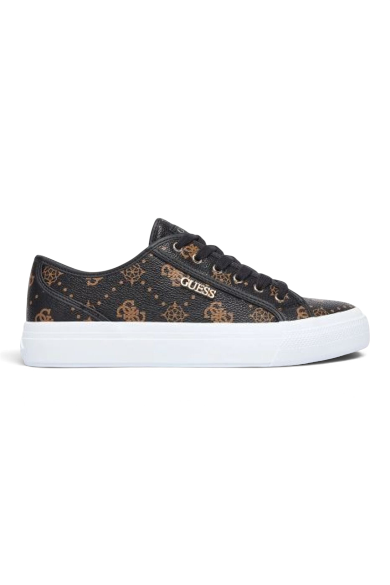 Sporline Guess kahverengi logolu kadın sneaker, beyaz tabanlı şık günlük ayakkabı tasarımı