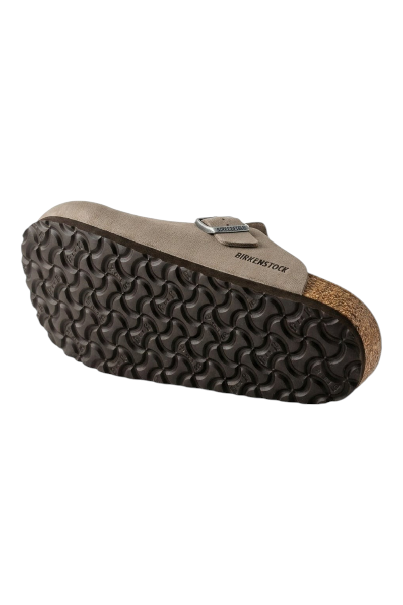 Sporline Birkenstock Boston gri unisex terlik, mantar tabanlı ve ayarlanabilir tokalı yan görünüm