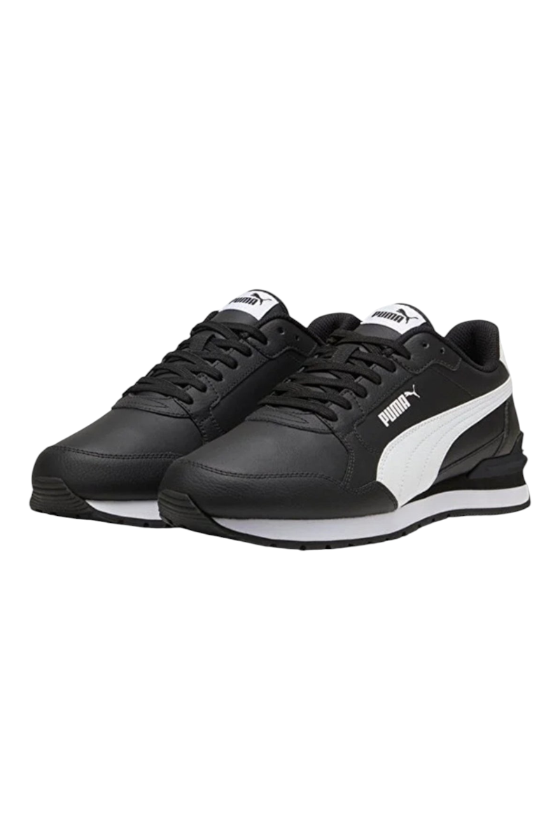 Sporline Puma ST Runner v4 L erkek spor ayakkabı, siyah deri yüzeyli ve beyaz detaylı klasik tasarım.