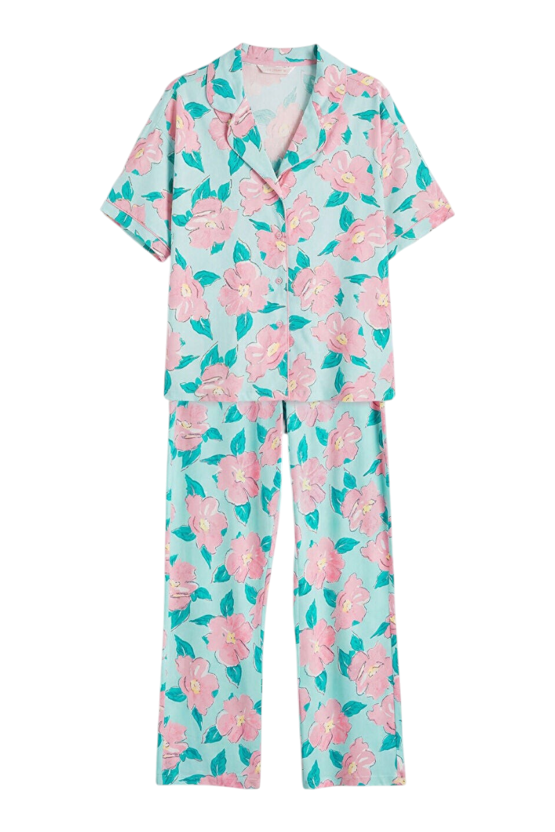 Sporline LC Waikiki su yeşili renkli, pembe çiçek desenli, kısa kollu pamuklu kadın pijama takımı