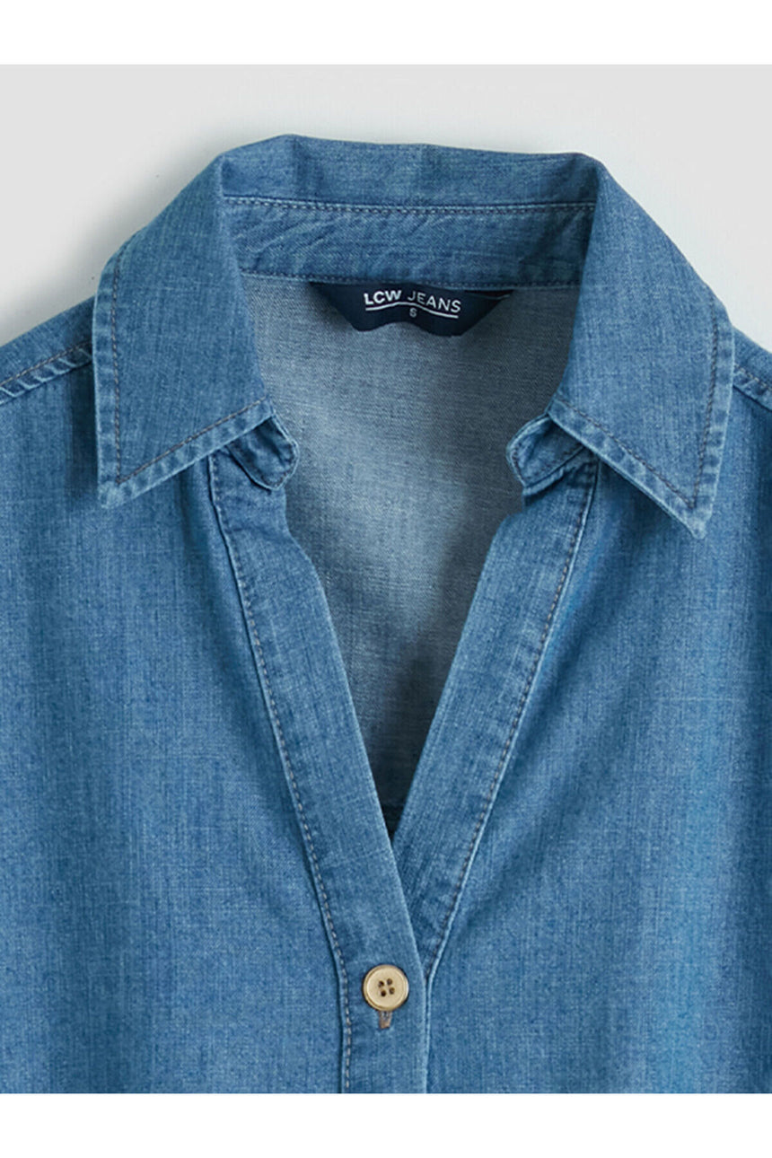 LC Waikiki Kadın Gömlek Yaka Mini Jean Elbise S6HT53B8 - İndigo Mavi