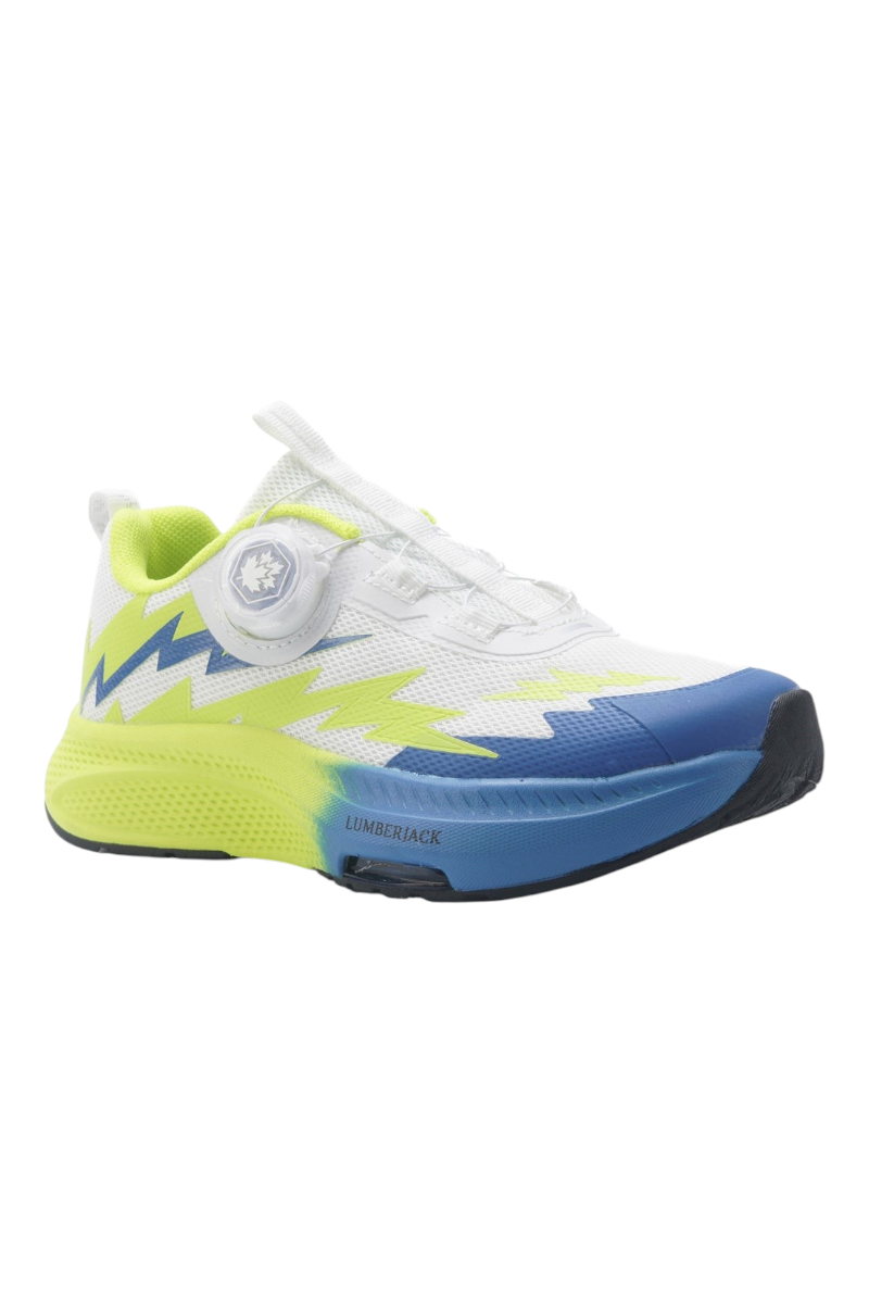 Sporline Lumberjack Westy beyaz, neon sarı ve mavi detaylı, bağcıksız disk mekanizmalı çocuk koşu ayakkabısı