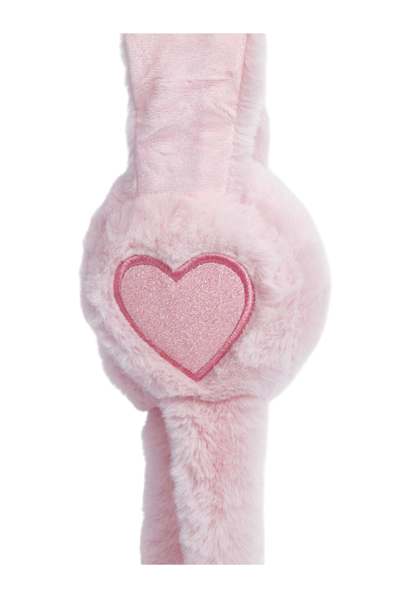 Sporline LC Waikiki açık pembe peluş çocuk kulaklığı, üzerinde pembe simli kalp detayı bulunuyor.