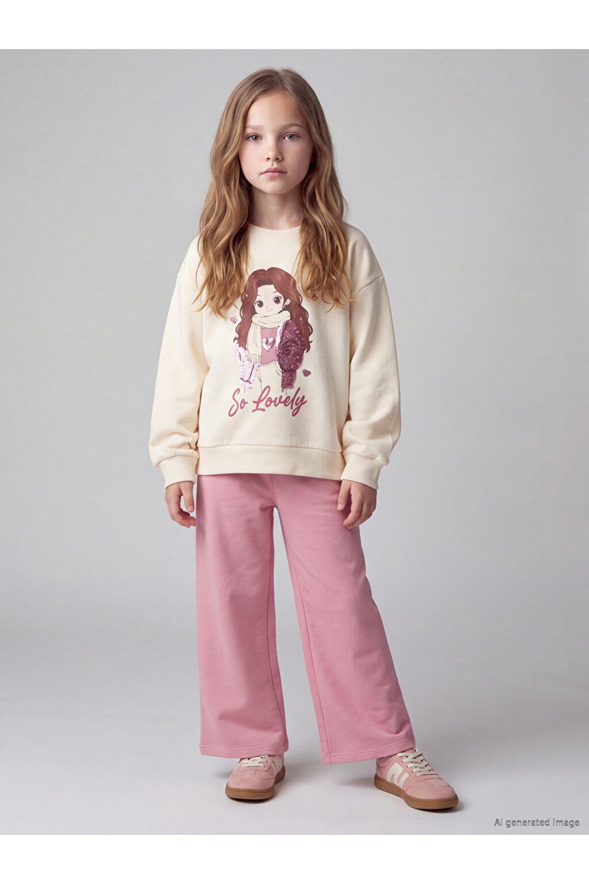 LC Waikiki Kız Çocuk Baskılı Sweatshirt Eşofman Takımı W6EB74D1 - Krem