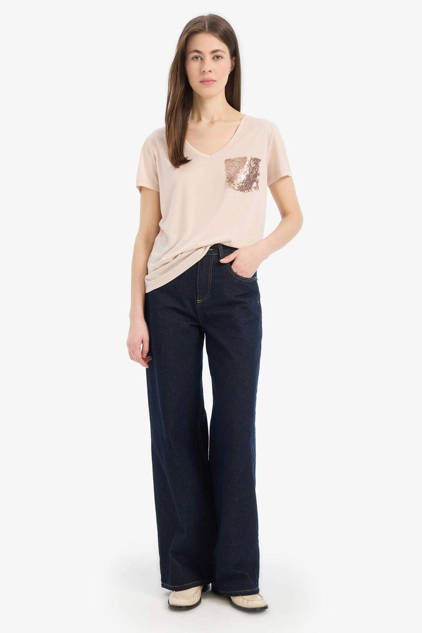 Defacto Kadın Short Sleeve T-Shirt U3769Az - Açık Bej