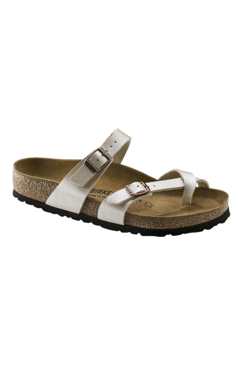 Sporline Birkenstock Mayari beyaz kadın terlik, ayarlanabilir tokalı bantlar ve mantar taban tasarımı ile.