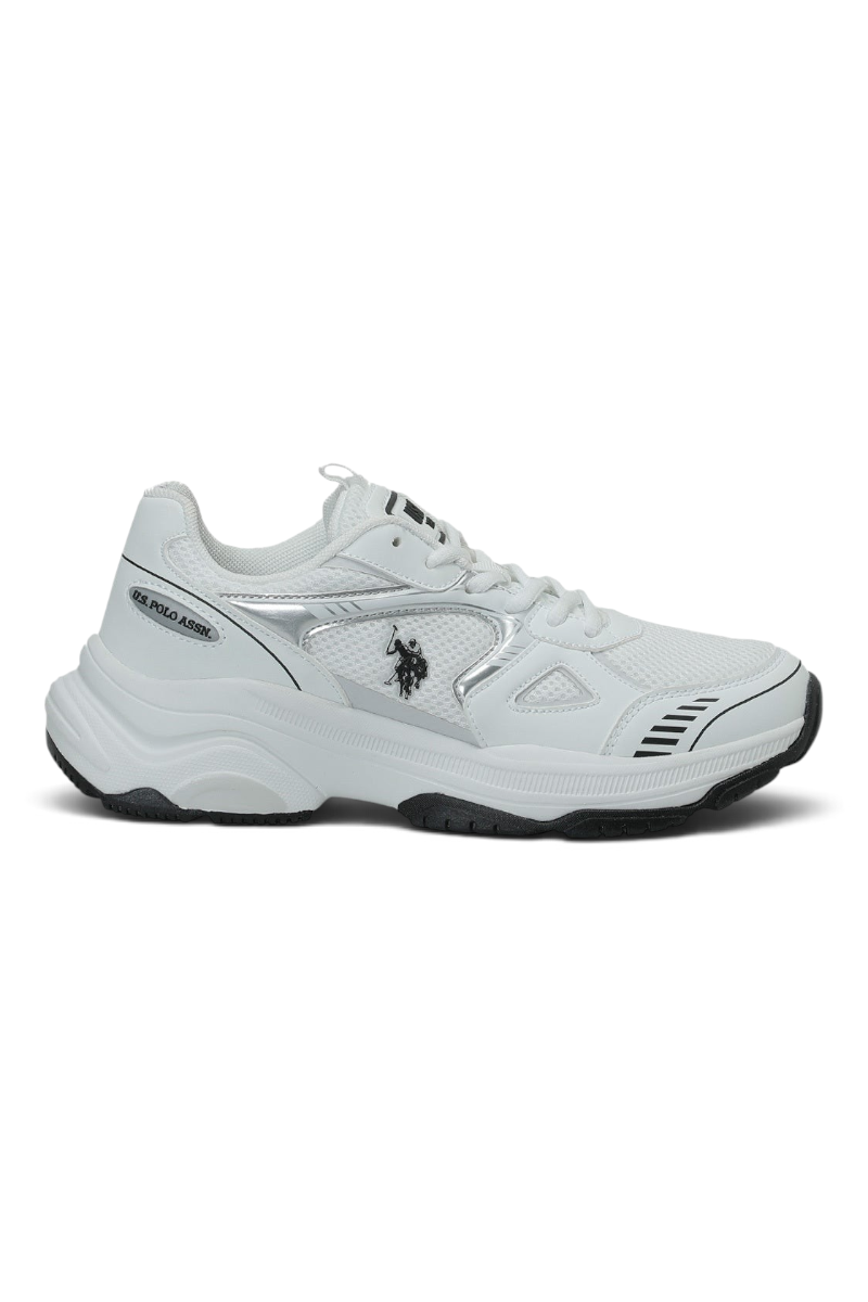 Sporline U.S. Polo Assn. beyaz kadın sneaker, gümüş detaylı ve kalın tabanlı günlük spor ayakkabı