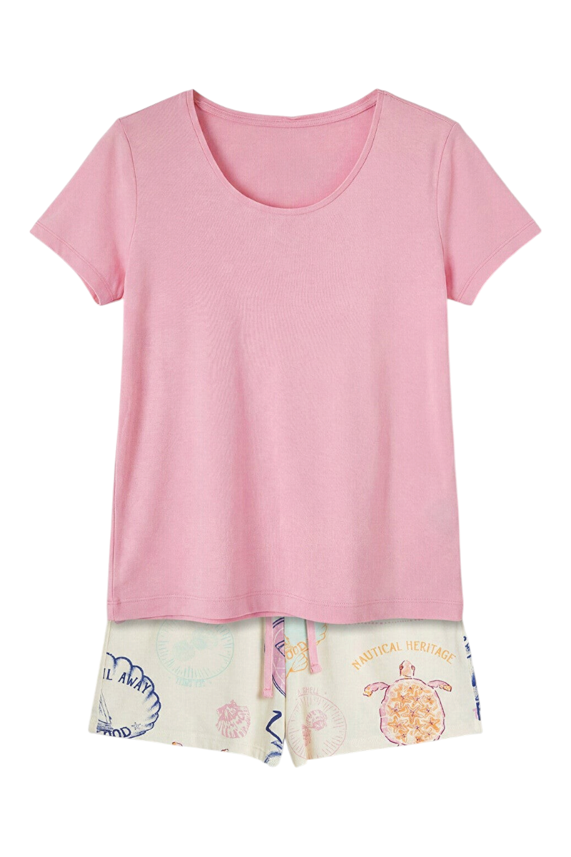 Sporline LC Waikiki pembe kısa kollu tişört ve deniz temalı desenli şorttan oluşan kadın pijama takımı