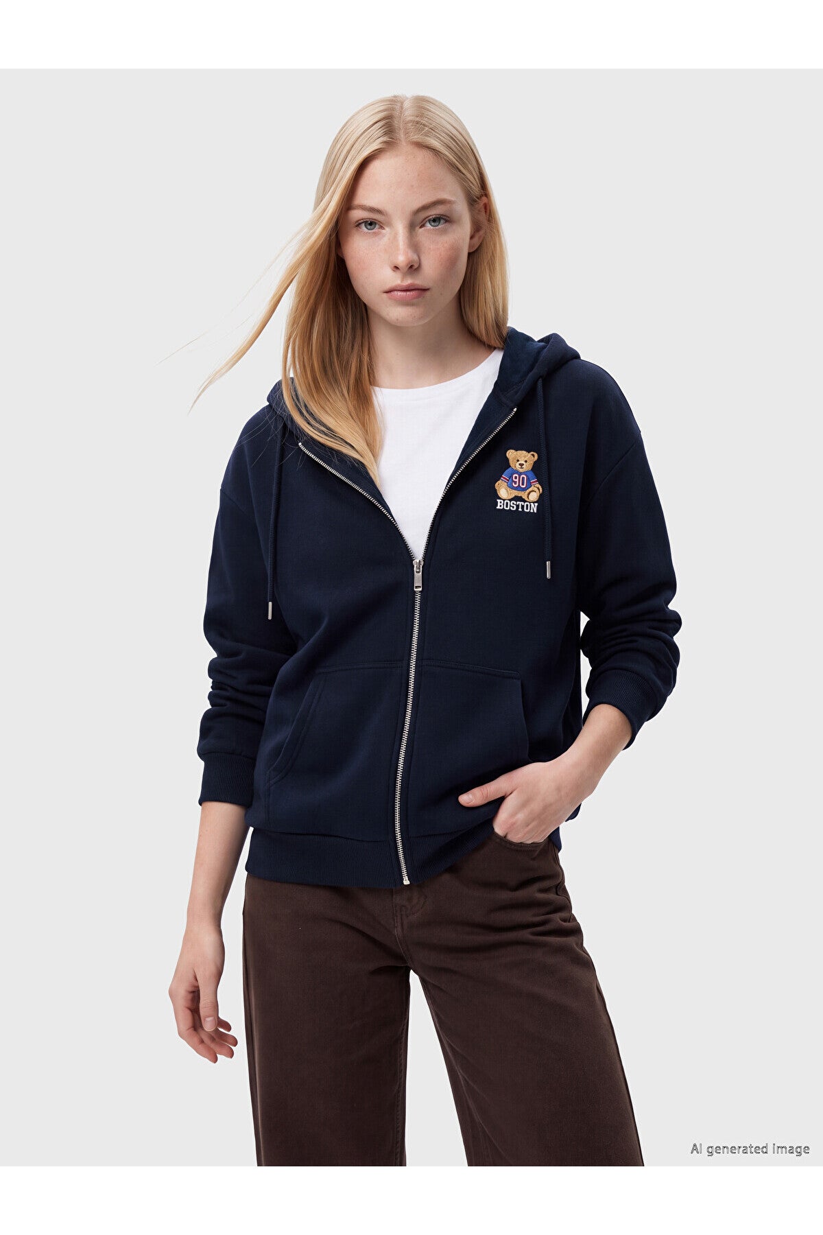LC Waikiki Kadın Nakışlı Oversize Sweat Hırka W6Y753B8 - Koyu Lacivert