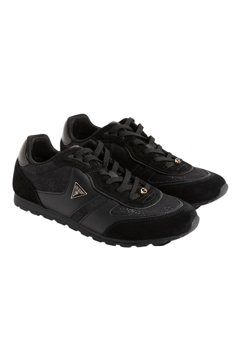 Sporline Guess siyah poliüretan kadın sneaker, yan kısmında metal logo detayı ve desenli yüzey tasarımı ile.