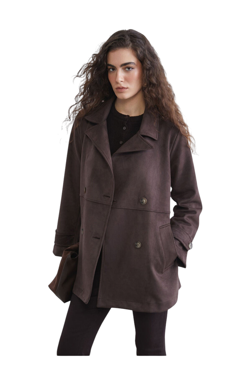 Sporline LC Waikiki koyu kahverengi oversize kruvaze yaka kadın trençkot