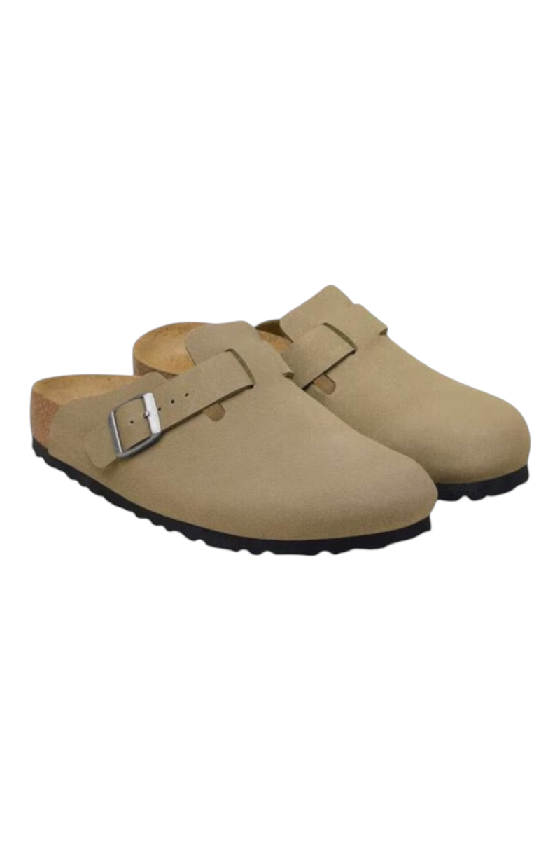Sporline Birkenstock Boston unisex bej renkli mantar tabanlı tokalı terlik