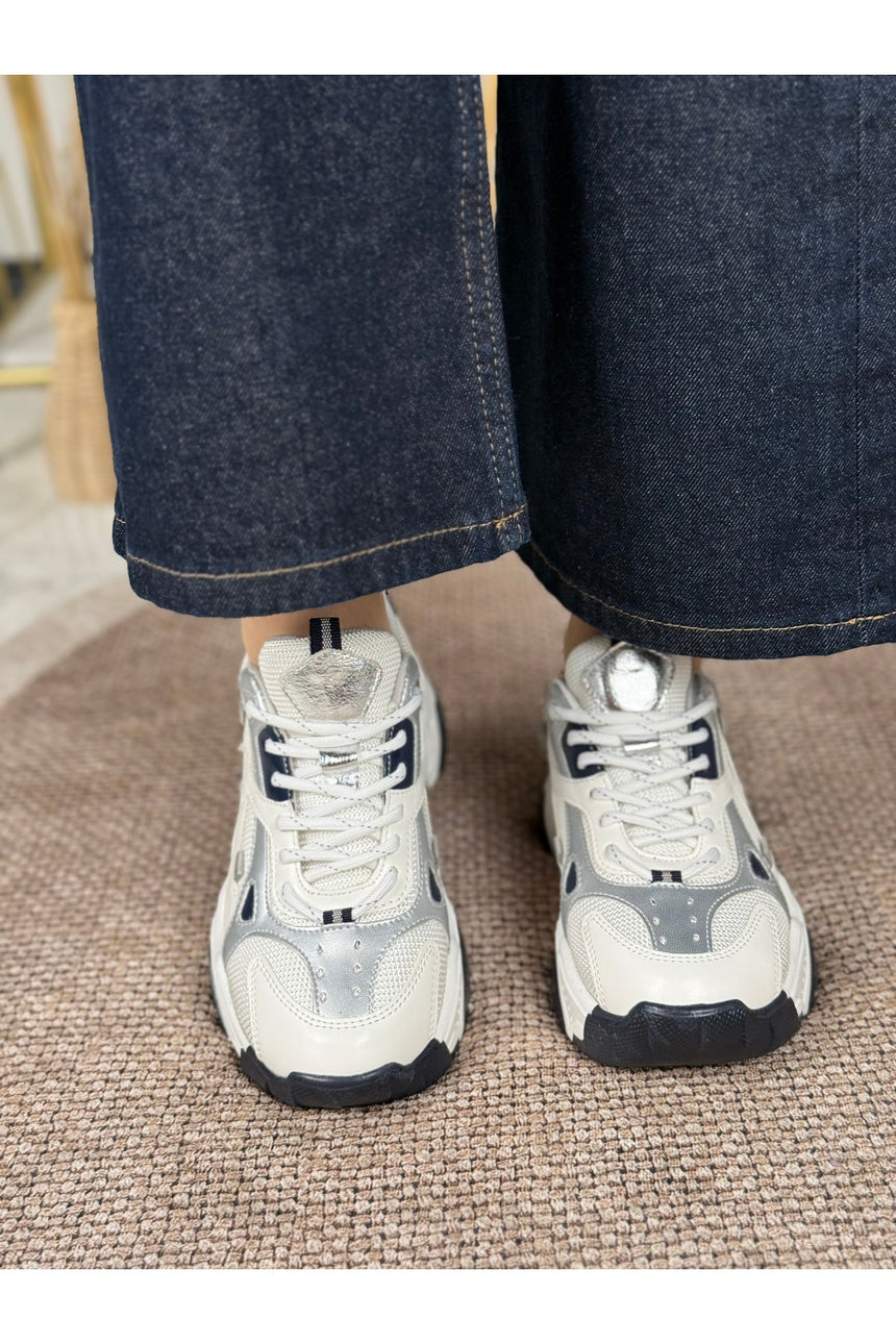 Noctra Kadın Süet Lacivert Beyaz Gümüş Bağcıklı Yüksek Tabanlı Sneakers - Lacivert/ Beyaz/ Gümüş