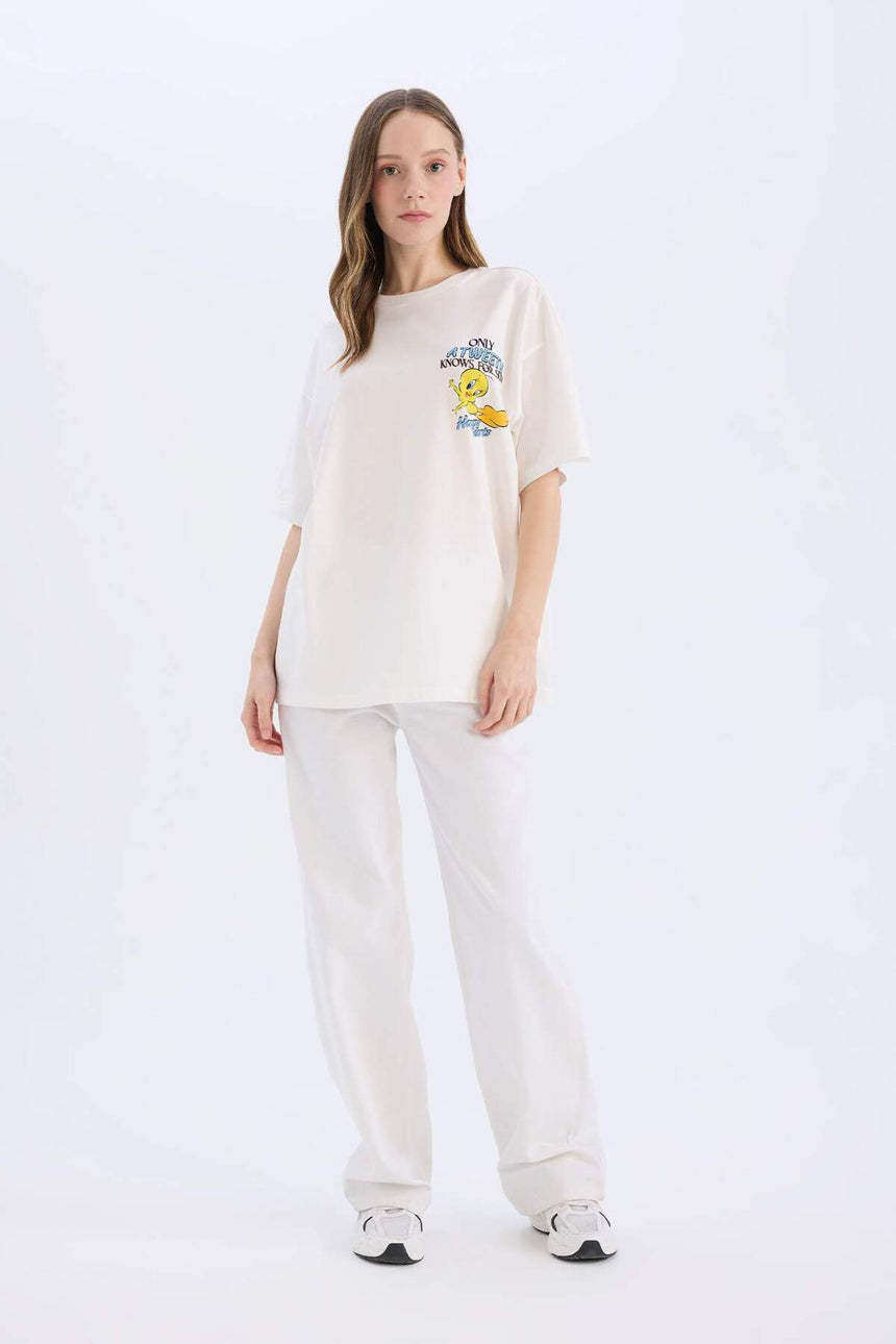 DeFacto Kadın Oversize Kısa Kollu T-Shirt D9119AX - Kırık Beyaz