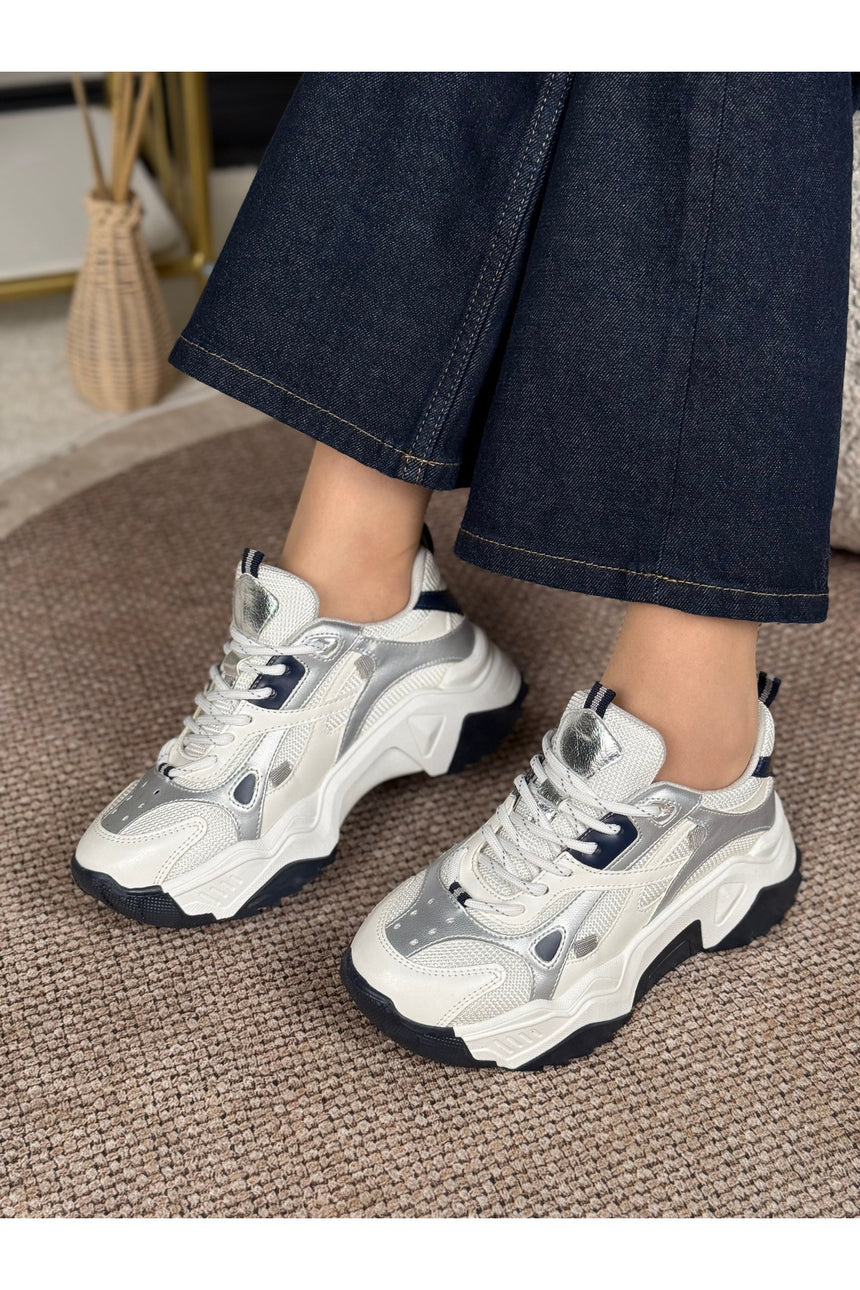 Noctra Kadın Süet Lacivert Beyaz Gümüş Bağcıklı Yüksek Tabanlı Sneakers - Lacivert/ Beyaz/ Gümüş