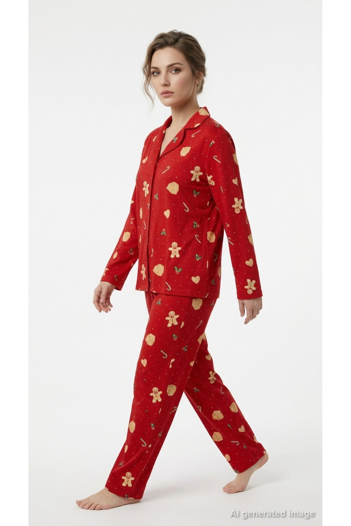 LC Waikiki Kadın Yılbaşı Desenli Pijama Takımı W6K038D8 - Kırmızı