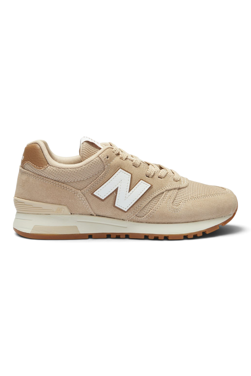 Sporline New Balance 565 kadın günlük spor ayakkabı, bej süet ve file detaylı, beyaz N logolu, kauçuk tabanlı.