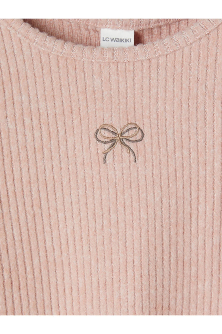 Sporline LC Waikiki mat pembe renkli, bisiklet yakalı ve fiyonk nakış detaylı uzun kollu kız bebek body
