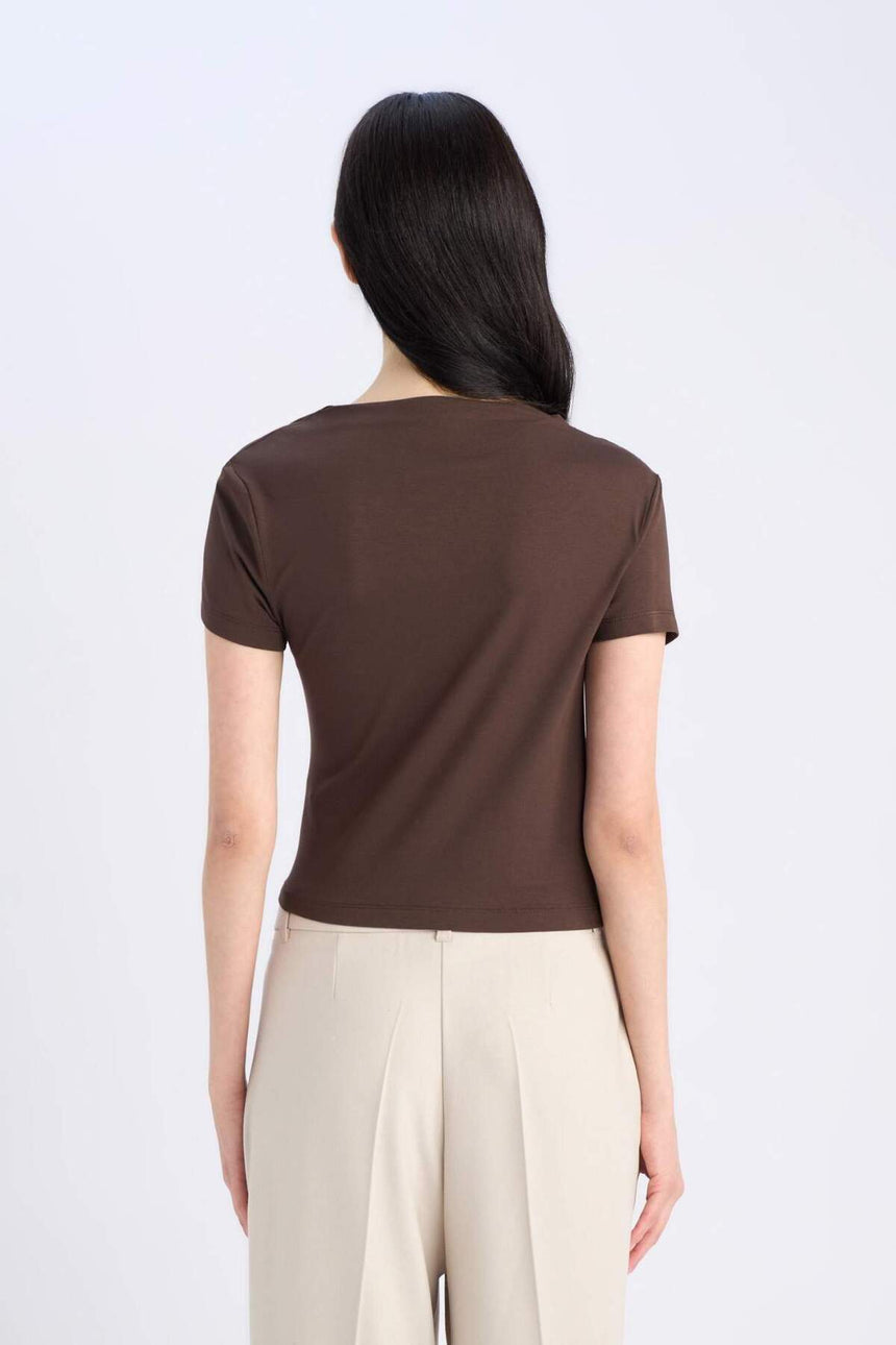 DeFacto E7016AX Kadın T-Shirt - Kahverengi