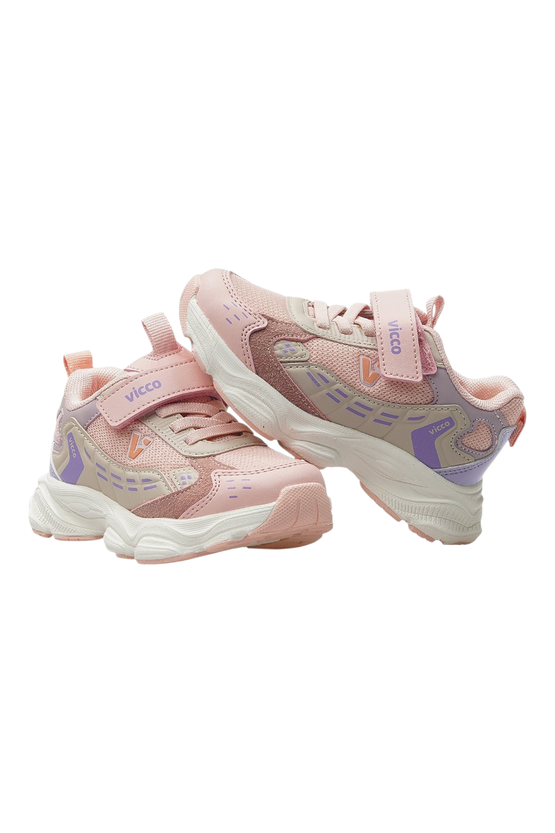 Sporline Vicco çocuk sneaker, pembe ve lila tonlarında suni deri detaylı, cırt cırtlı spor ayakkabı.