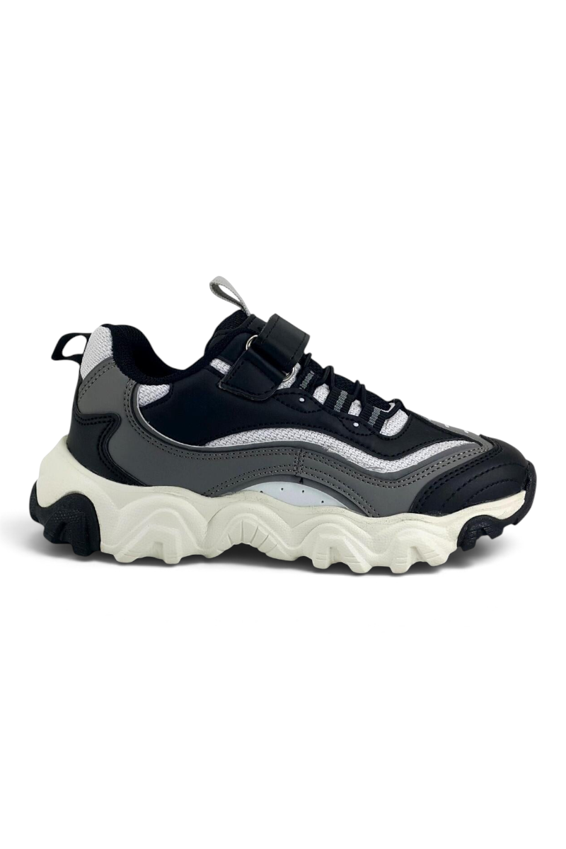 Sporline Vicco siyah tekstil poliüretan çocuk sneaker, kalın beyaz tabanlı ve cırt cırtlı spor ayakkabı modeli.