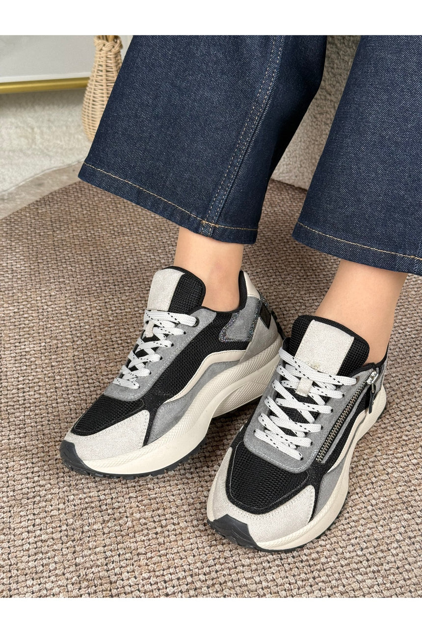 Monarch Kadın Siyah Kalın Tabanlı Topuk Detaylı Bağcıklı Fermuar Sim Detaylı Ortopedik Spor Ayakkabı Sneaker - Siyah