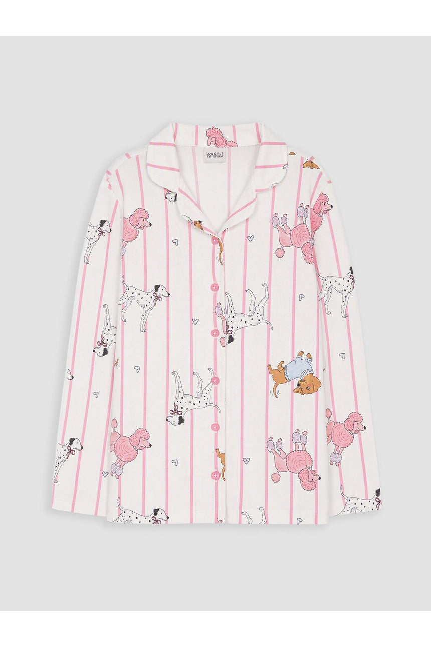 Sporline LC Waikiki çocuk pijama üstü, parlak beyaz zemin üzerinde pembe çizgili, köpek ve kalp desenli gömlek yaka