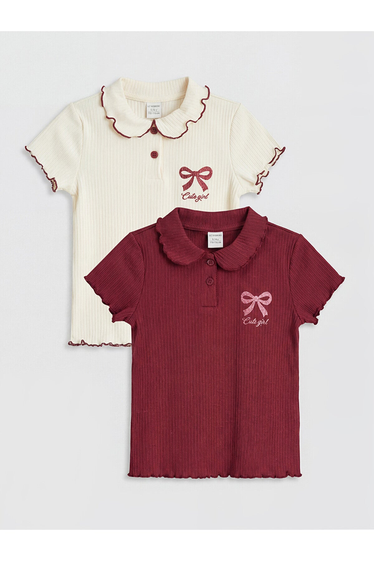 LC Waikiki Kız Çocuk Polo Yaka Fitilli 2'li T-Shirt S6F171B1 - Açık Bordo