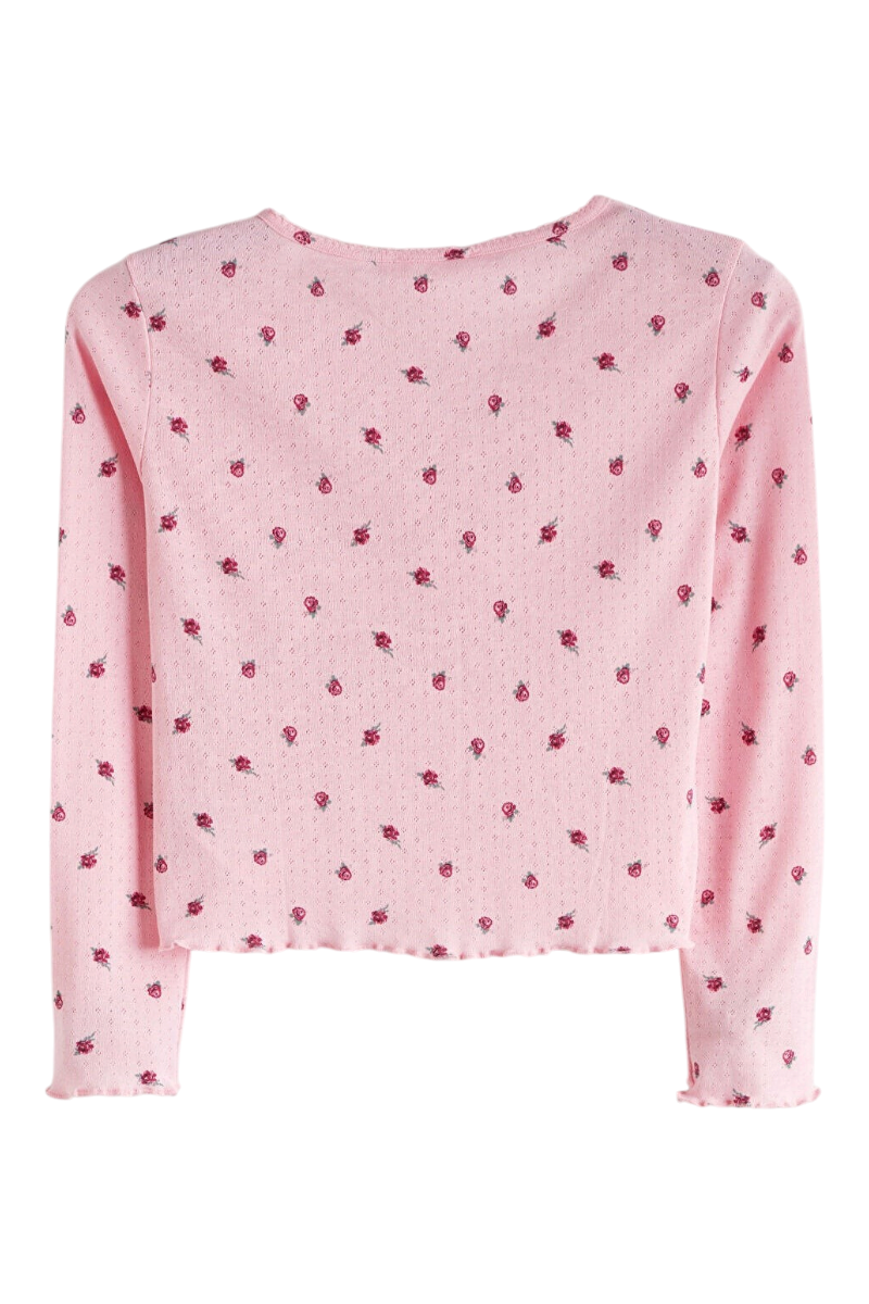 Sporline LC Waikiki açık pembe renkli, çiçek desenli, uzun kollu, %100 pamuklu kadın pijama üstü