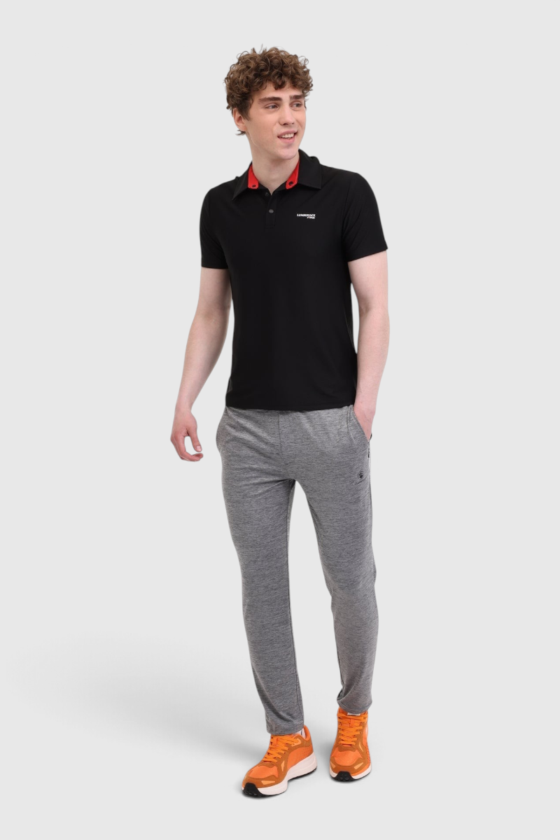 Sporline Lumberjack siyah erkek polo yaka tişört, kırmızı yaka detaylı ve %100 tekstil kumaşlı şık tasarım