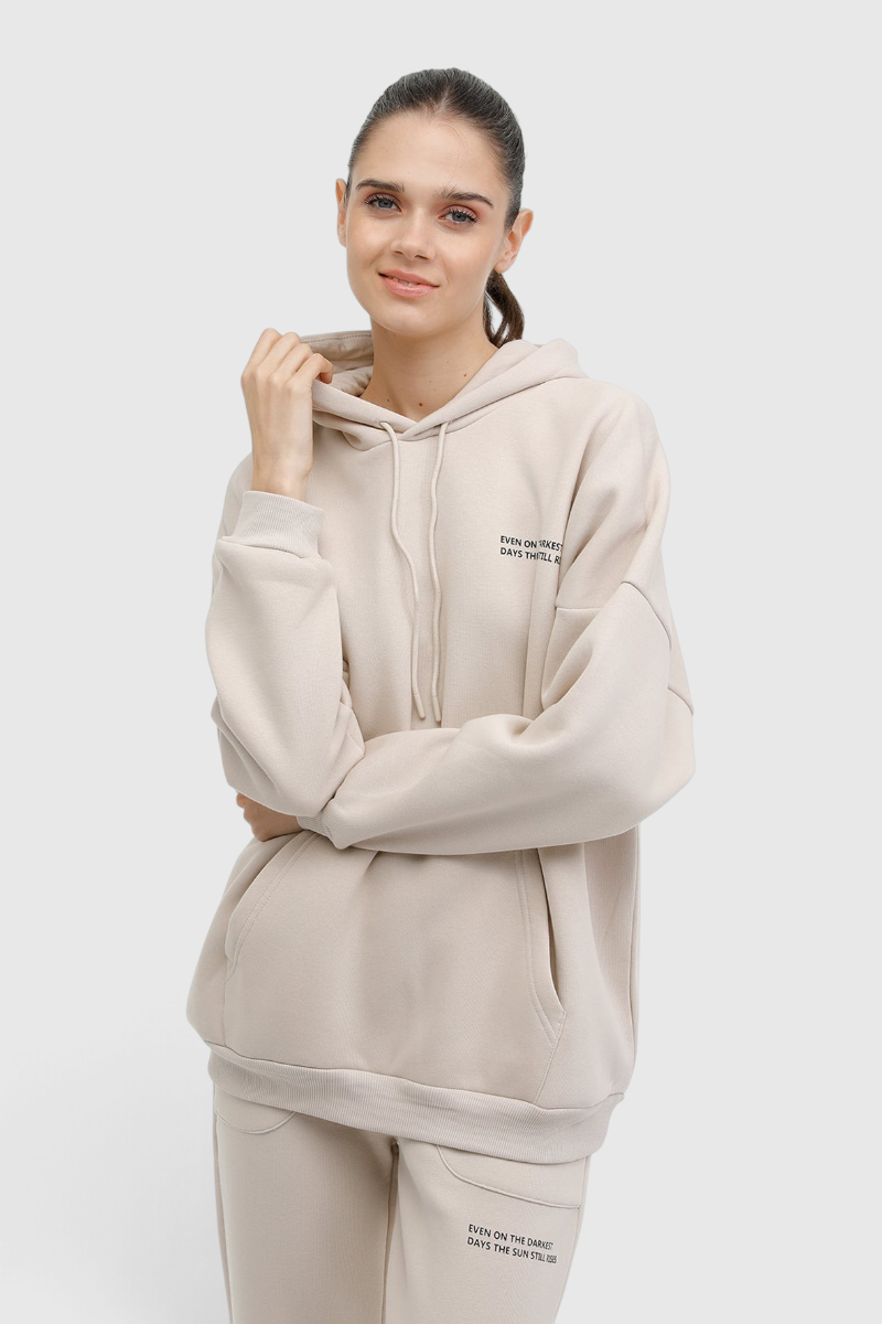 Sporline Lumberjack bej renkli, kapüşonlu, regular kesim kadın sweatshirt ve eşofman altı takımı