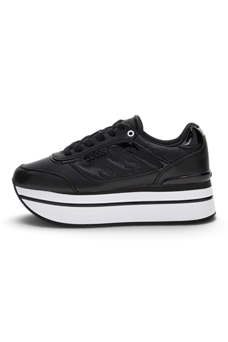 Sporline Guess siyah suni deri kadın sneaker, yüksek platform tabanlı ve kabartma logolu günlük spor ayakkabı.
