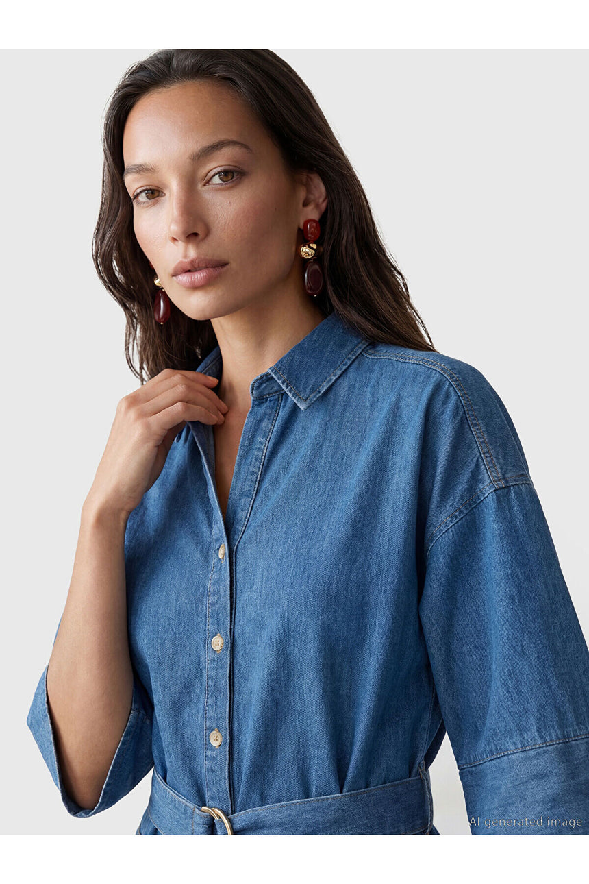 LC Waikiki Kadın Gömlek Yaka Mini Jean Elbise S6HT53B8 - İndigo Mavi