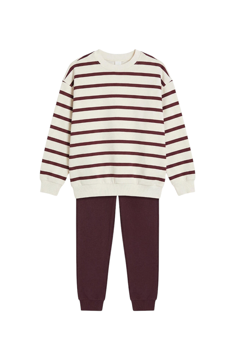 Sporline LC Waikiki çocuk alt-üst takım, beyaz kahve çizgili sweatshirt ve düz kahverengi pamuklu pantolon