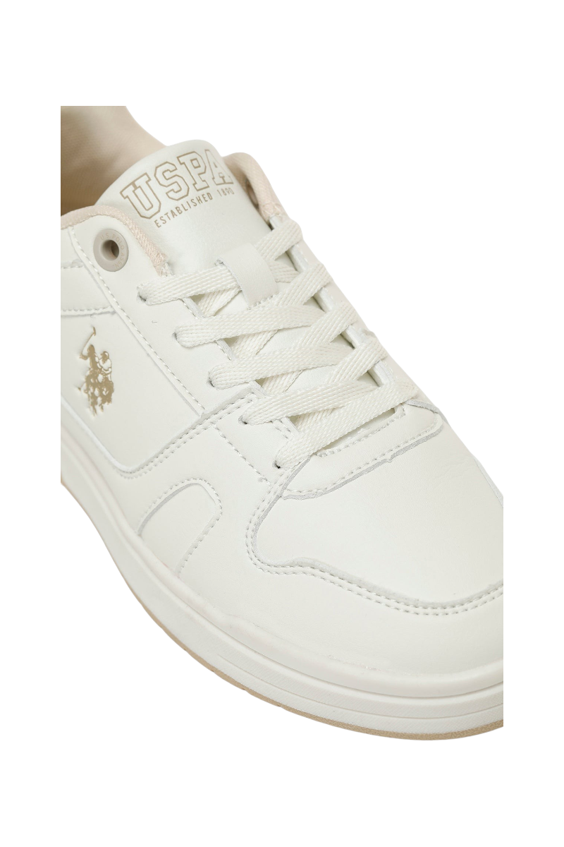 Sporline U.S. Polo Assn. bej renkli, suni deri kadın sneaker ayakkabı, yan kısmında logo detayı ile.