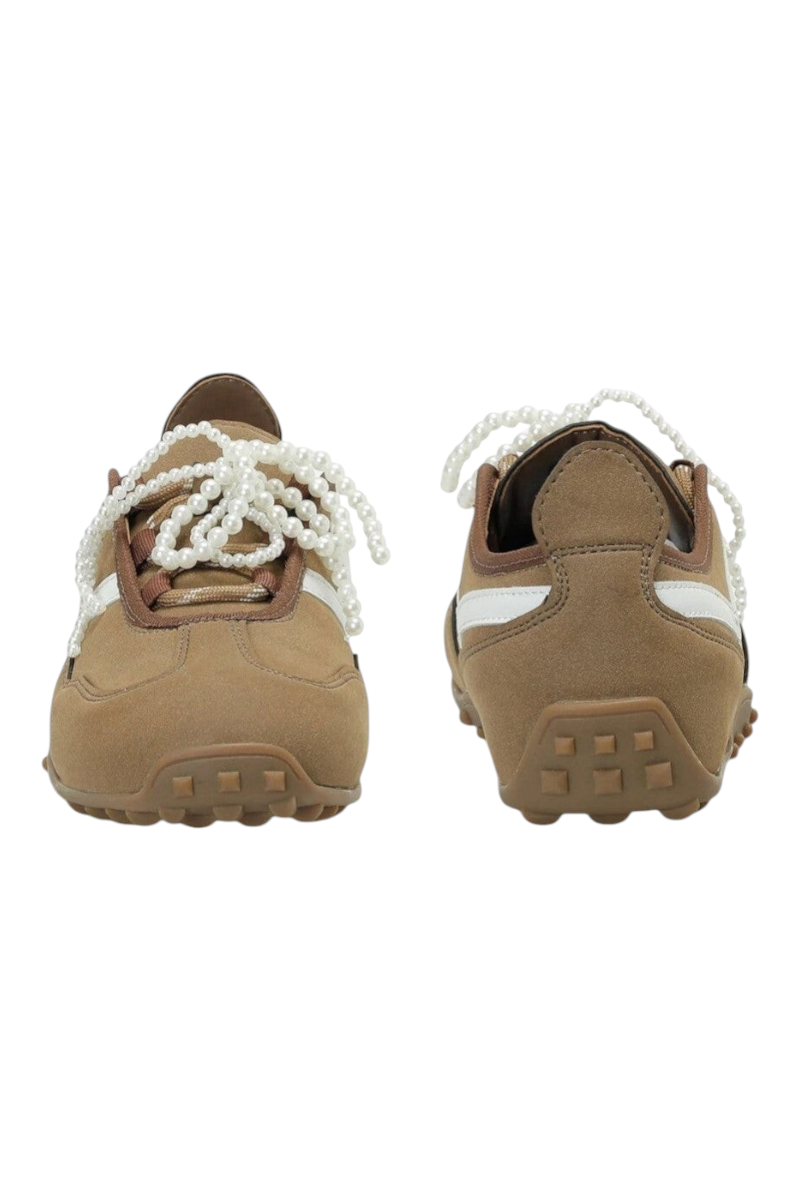 Sporline Lumberjack Mienyum kahverengi süet kadın sneaker, inci detaylı bağcıklarıyla şık ve modern tasarım.