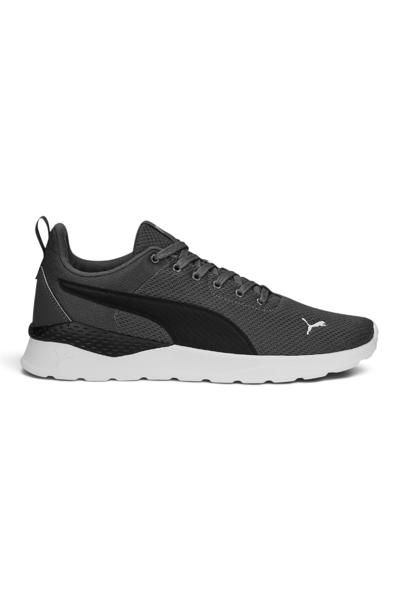 Sporline Puma Anzarun Lite koyu gri ve siyah fileli spor ayakkabı, beyaz tabanlı günlük erkek sneaker modeli