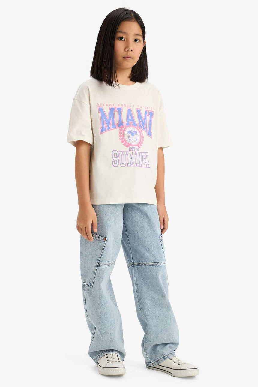 DeFacto Çocuk Oversize Kısa Kollu T-Shirt E0386A8 - Ekru