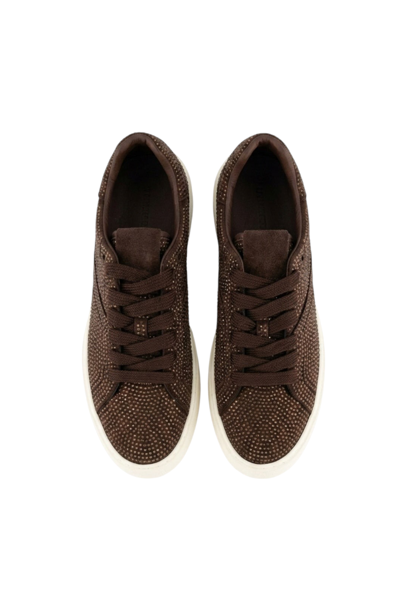 Sporline Park Moda kahverengi tekstil kadın sneaker, üzerinde ışıltılı taş detayları bulunan günlük spor ayakkabı