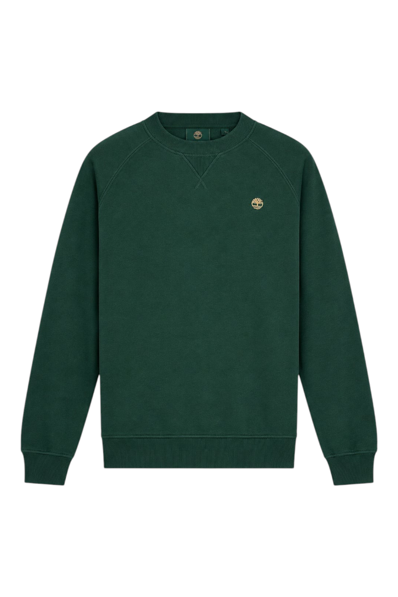 Sporline Timberland Exeter River koyu yeşil bisiklet yaka erkek sweatshirt, göğüs kısmında küçük logo detaylı