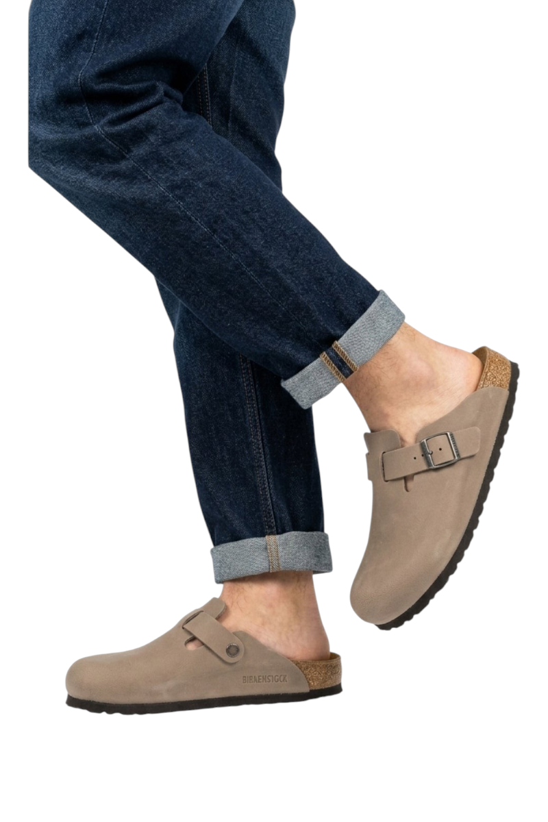 Sporline Birkenstock Boston gri unisex terlik, mantar tabanlı ve ayarlanabilir tokalı şık günlük tasarım