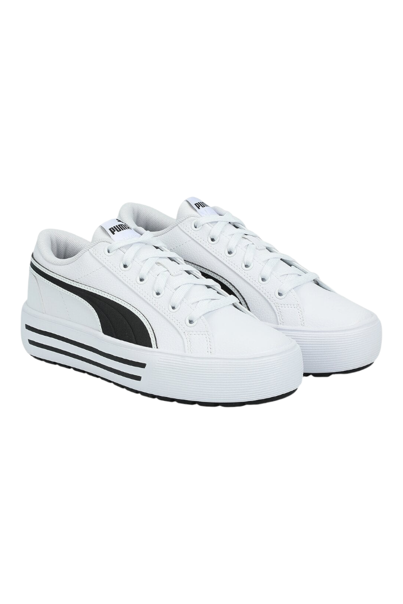 Sporline Puma Kaia 2.0 beyaz deri platform spor ayakkabı, yanlarda siyah ikonik Formstrip detayı ile.