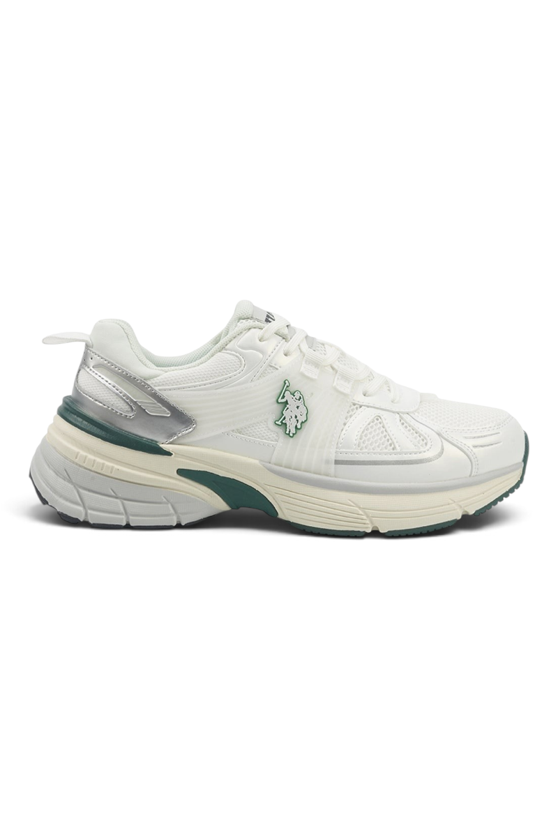 Sporline U.S. Polo Assn. beyaz kadın sneaker, mesh ve PU detaylı, yeşil logo işlemeli spor ayakkabı
