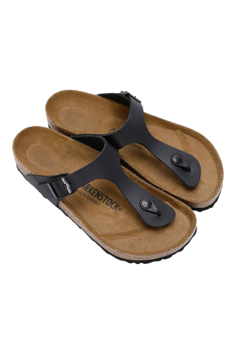 Sporline Birkenstock Gizeh siyah süet kadın parmak arası terlik, mantar tabanlı ve ayarlanabilir tokalı tasarım.